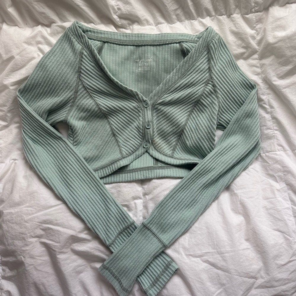 Ribbed Green Button-Up Women's Top